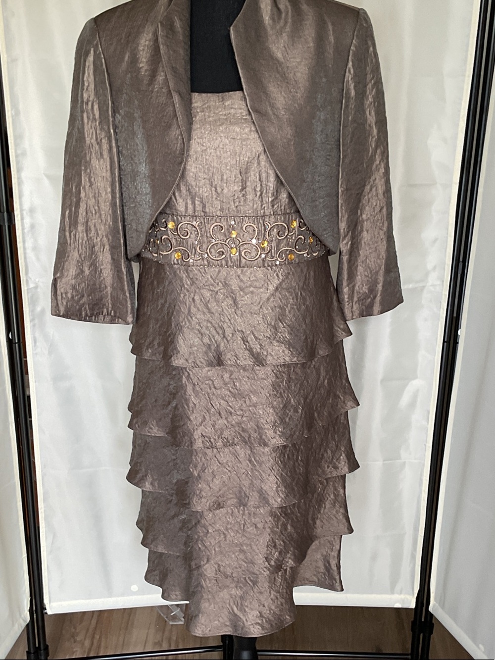 Elegant Olive Layered Wedding Guest Dress with Embellished Waist and Jacket